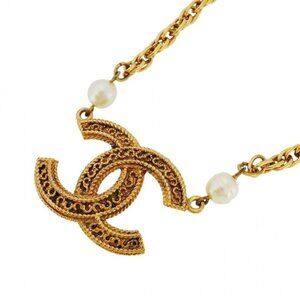 Chanel Necklace Vintage CC Logo Gold Plated Faux Pearl